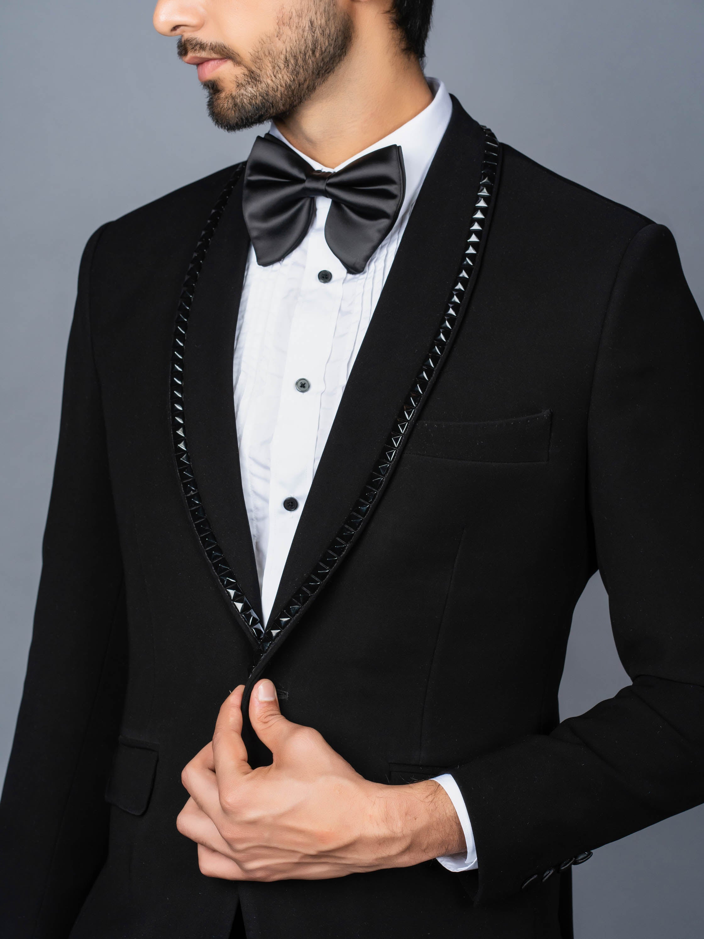 LUCCI Men's Black Classic Fit Formal Tuxedo Suit w/ Sateen Lapel & Trim NEW  | eBay